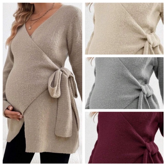 Maternity Burgundy Comfy Wrap Tie Sweater Top - Picture 1 of 8